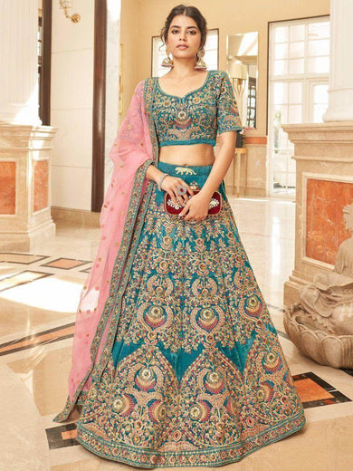 Ravishing Teal Blue Heavy Embroidered Velvet Bridesmaid Lehenga Choli